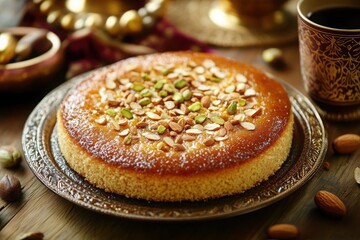 A golden semolina honey cake with almonds pistachios in a festive eid setting