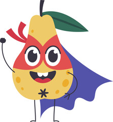 Cartoon illustration featuring a cheerful superhero pear, raising its fist triumphantly while wearing a mask and cape, set against a clean white background
