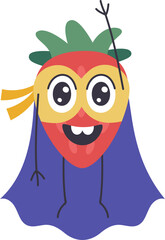 Cartoon illustration of a smiling superhero strawberry raising its arm, wearing a blue cape and a yellow mask, promoting healthy eating habits and a playful approach to nutrition for children