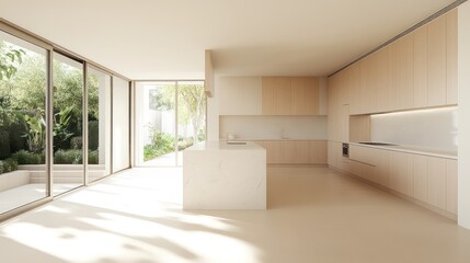Fototapeta premium A modern open-plan kitchen and living room with pale beech wood cabinetry, bright white walls, and light beige flooring