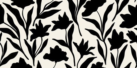Leaves branch and Hand Drawn doodle Scribble floral plants banner. seamless pattern. Creative minimalist Abstract art background. Design wall decoration, postcard, poster or brochure
