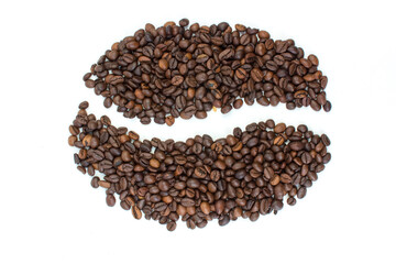 A pile of coffee beans on a white background in the shape of a cup and saucer. Top view.