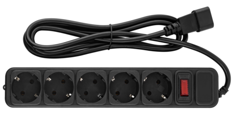 Black power strip with on/off switch and protection.