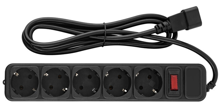 Black power strip with on/off switch and protection.