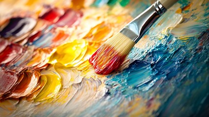 Obraz premium Vibrant oil paints mixed on a palette, brush poised