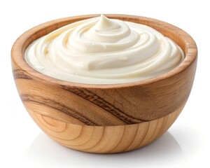 Bowl of sour cream or yogurt. Creamy Mayonnaise in a Wooden Bowl &ndash; Perfect for Spreads & Dips