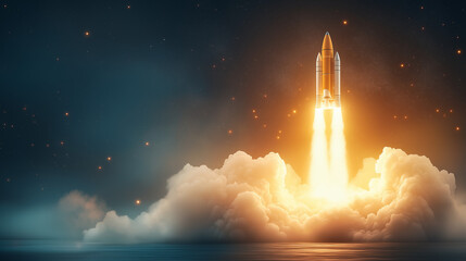 Fototapeta premium Rocket launch with bright flames and smoke in dark sky