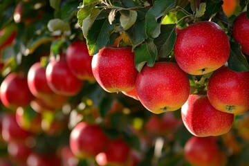 Obraz premium Red apple orchard with lush green leaves on a bright sunny day representing sustainable farming, natural fruit cultivation, and organic agriculture practices