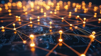 Fototapeta premium Futuristic circuit board with glowing nodes and connections in a digital network