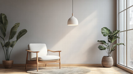cozy and modern living space featuring stylish pendant light hanging above comfortable armchair. room is adorned with lush green plants, creating serene atmosphere