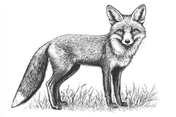 Obraz premium Detailed illustration of a fox standing in a grassy field, showing intricate fur patterns and attentive posture, evoking a sense of wilderness and natural beauty Generative AI