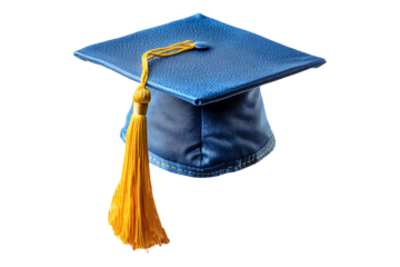 Blue graduation cap with yellow tassel Isolated on White and Transparent Background PNG Image.