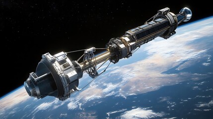Futuristic depiction of a space elevator connecting Earth to outer orbit on a science fiction background