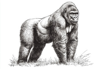 Fototapeta premium Gorilla standing proudly in a grassy landscape at dusk showcasing strength and natural beauty in black and white illustration Generative AI