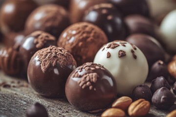 様々な手作りチョコレートの種類と素材が組み合わさった美味しそうなお菓子の盛り合わせ