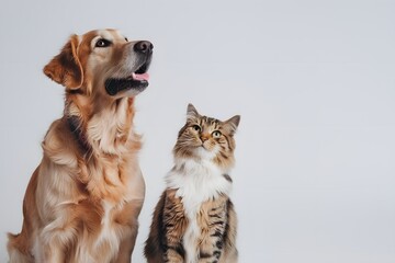 Fototapeta premium Playful Dog and Cat Posing Against a Neutral Background