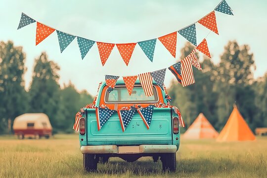 Fototapeta Patriotic Pickup for Campsite Celebration.