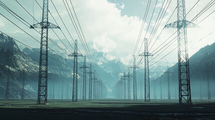 Power lines in a dramatic landscape creating a corridor towards snowy mountains