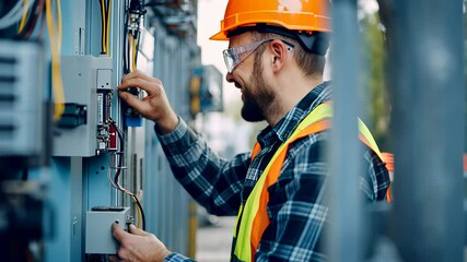 Construction worker engages with electrical panel in outdoor work environment during daylight hours