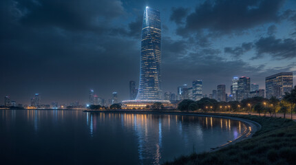 A city skyline with a tall building in the middle
