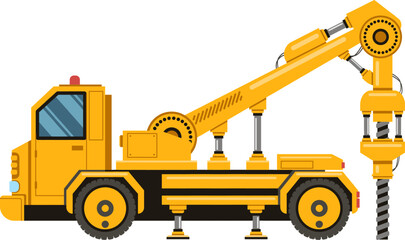 Yellow drilling truck featuring a mechanical arm and drill, actively working on a project, set against a clean white background, highlighting its industrial capabilities and power