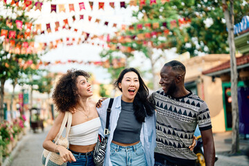 fun friend street woman walking young friendship happy together smiling female man happiness urban travel fashion summer group girl