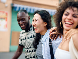 fun friend street woman walking young friendship happy together smiling female man happiness urban travel fashion summer group girl