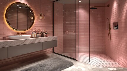 Modern pink bathroom with stylish decor.