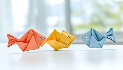 Origami fish school with white table.