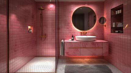 Stylish pink modern bathroom interior design.