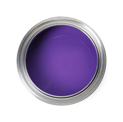 Can of purple paint isolated on white, top view