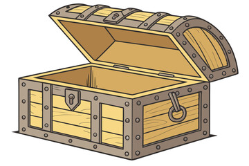 7 Vintage wooden treasure chest, open lid, glowing golden interior, rustic wood grain texture, metal clasps and hinges, antique trunk, warm amber light, empty chest, mysterious ambiance, weathered lea