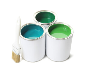 Cans of different paints and brush isolated on white