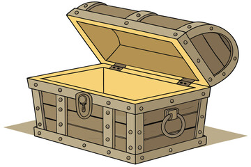 7 Vintage wooden treasure chest, open lid, glowing golden interior, rustic wood grain texture, metal clasps and hinges, antique trunk, warm amber light, empty chest, mysterious ambiance, weathered lea