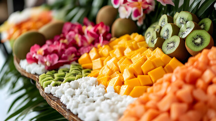 An elegant tropical fruit display with papaya, mango, kiwi, and coconut, ideal for a summer evening gathering or tropical-themed event.