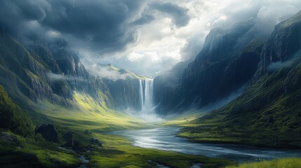 A majestic waterfall flows within a mountainous green valley landscape
