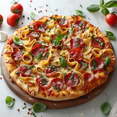 Gourmet Pepperoni and Pesto Pizza with Fresh Basil and Tomatoes on Textured Background
