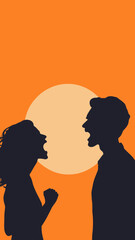 Silhouette of Man and Woman Arguing in Anger against Sunset in Minimalist Style