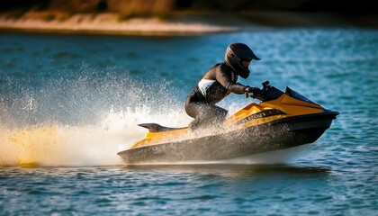 Fototapeta premium A low angle view of the back of a jet ski with a rider; splashing water and waves; summer time; an action pack image of a jet skier racing on the open water; jet ski racer in a water sport race; 