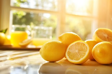 Naklejka premium Fresh lemons and juice in sunlit kitchen setting with vibrant yellow tones