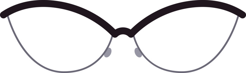 Cat eye glasses with thin metal frame and thick black rims giving a vintage look, close up view of eyewear for vision correction or fashion accessory