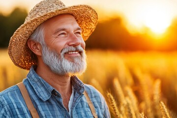 Fototapeta premium Elderly farmer in straw hat smiling under warm sunlight standing in wheat field during golden harvest season