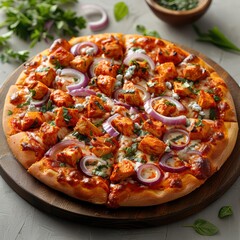 Buffalo Chicken Pizza with Red Onion and Blue Cheese on Wooden Board