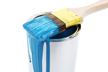 Can of light blue paint and brush isolated on white