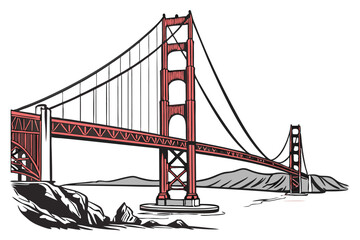 8 Golden Gate Bridge, San Francisco, iconic landmark, architectural marvel, suspension bridge, red steel structure, towering towers, long cables, engineering feat, bay crossing, detailed illustration,