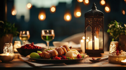 Obraz premium Festive Ramzan Banner with Lanterns, Stars, and Elegant Patterns