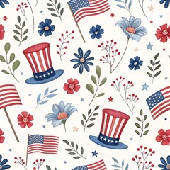American Independence day floral seamless pattern with top hat, flags, and flowers in national colors. Isolated on white background. 4th of July patriotic themed design. 
