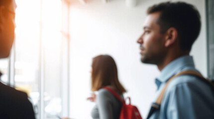 Candid street photography with a blurred bokeh effect depicts an empty white office wall mockup. A blank modern bright interior is softly lit by a large window, featuring sharp subject focus, soft bac
