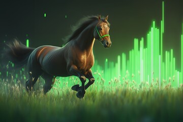 Dynamic brown horse galloping in a lush field with green digital bars background