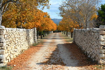 Autumn Path Lined with Golden Trees and Stone Walls Landscape
